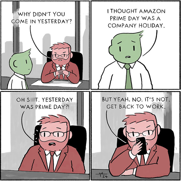Comic by Yanni Davros humorously depicts a misunderstanding about Amazon Prime Day as a company holiday.
