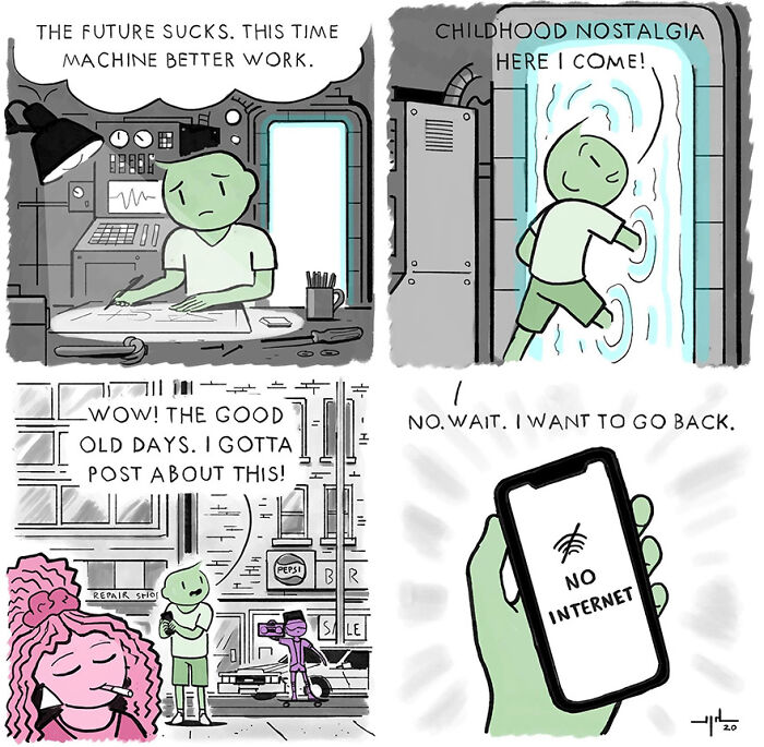 Comic exploring funny human behavior by Yanni Davros; a character travels back, faces nostalgia, and discovers no internet.