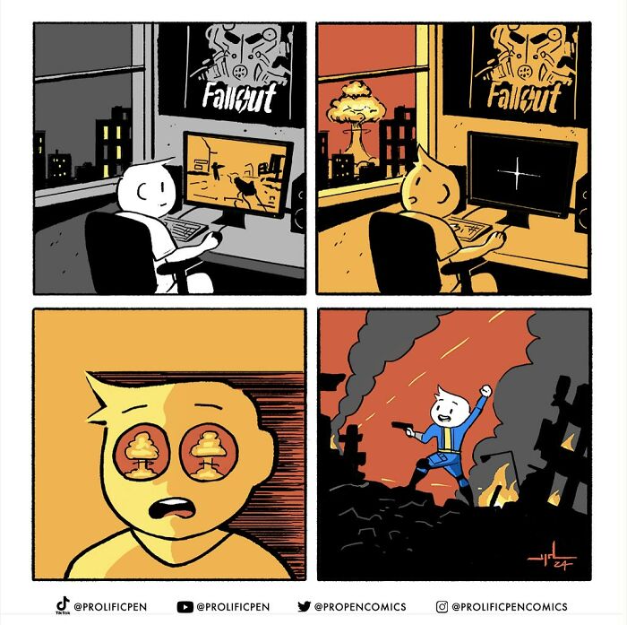 Comic by Yanni Davros humorously depicting a gamer immersed in a post-apocalyptic game world.