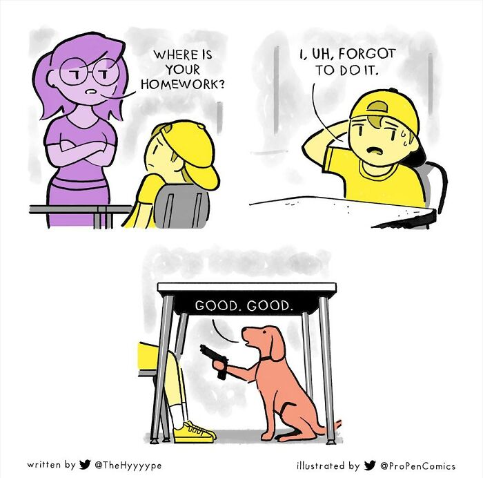 Comic by Yanni Davros shows a worried student, a teacher, and a dog under the table with a toy gun.