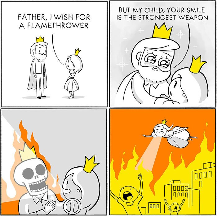Comic by Yanni Davros showing a humorous take on a child's wish for a flamethrower, replaced by a smile.