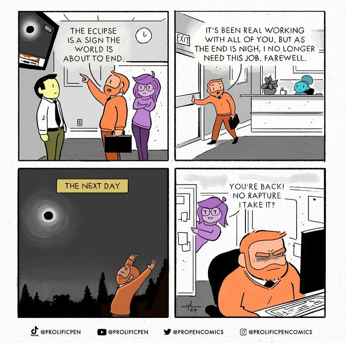 A humorous comic by Yanni Davros explores funny human behavior about an impending eclipse and work farewell.