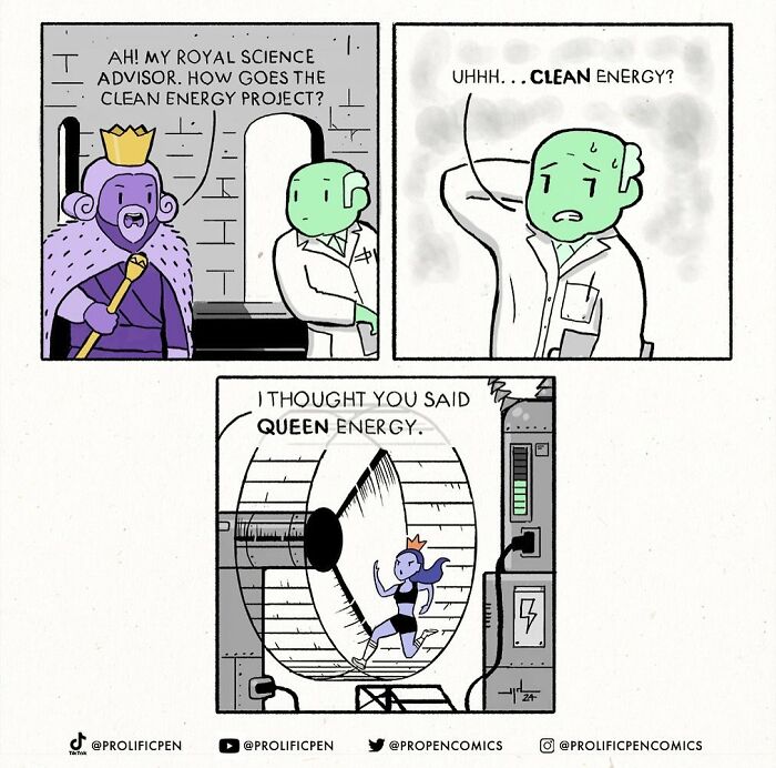 Comic by Yanni Davros: A humorous take on clean energy vs. queen energy, featuring a scientist and a royal figure.