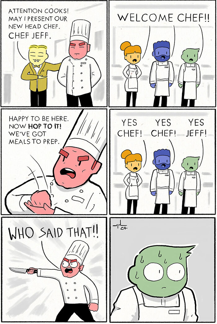 Comic by Yanni Davros showing humorous kitchen scene with a new chef and funny miscommunication among staff.