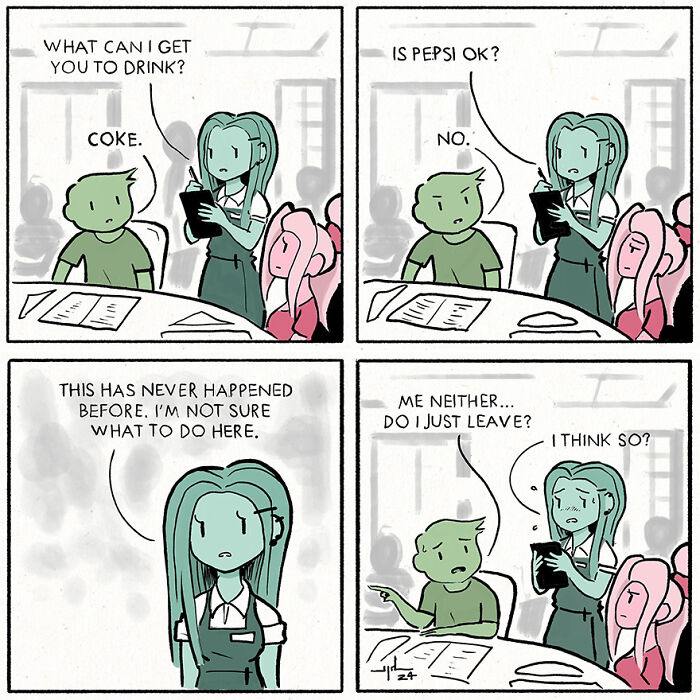 Comic by Yanni Davros depicts a humorous interaction about drink choices, highlighting funny human behavior.