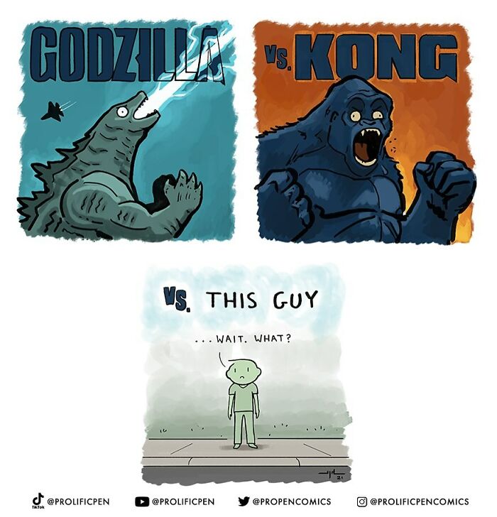 Funny human behavior comic by Yanni Davros showing Godzilla vs. Kong and a confused man.