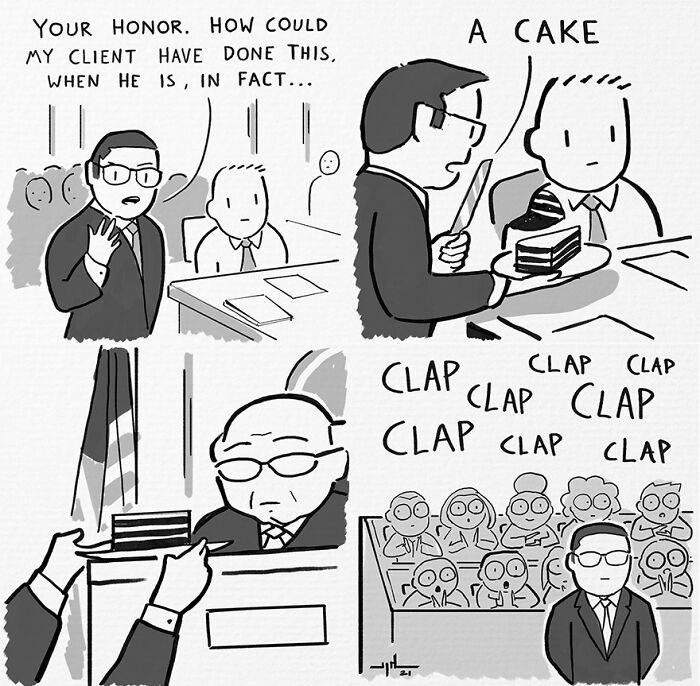 Comic by Yanni Davros illustrating humorous human behavior in a courtroom with a surprising cake moment.