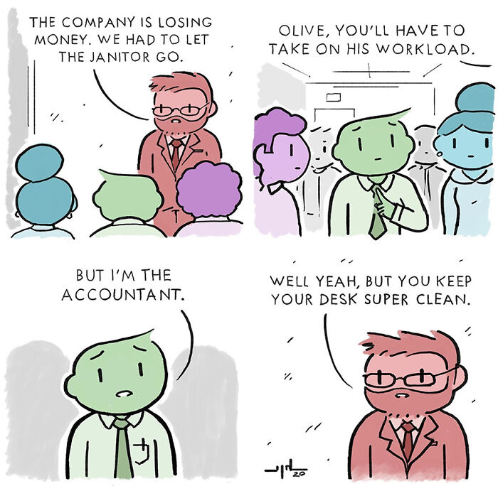 Comic by Yanni Davros showing office humor about an accountant taking over a janitor's duties due to budget cuts.