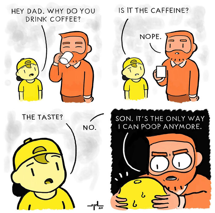 Father and son discussing coffee in a humorous comic by Yanni Davros, exploring funny human behavior.
