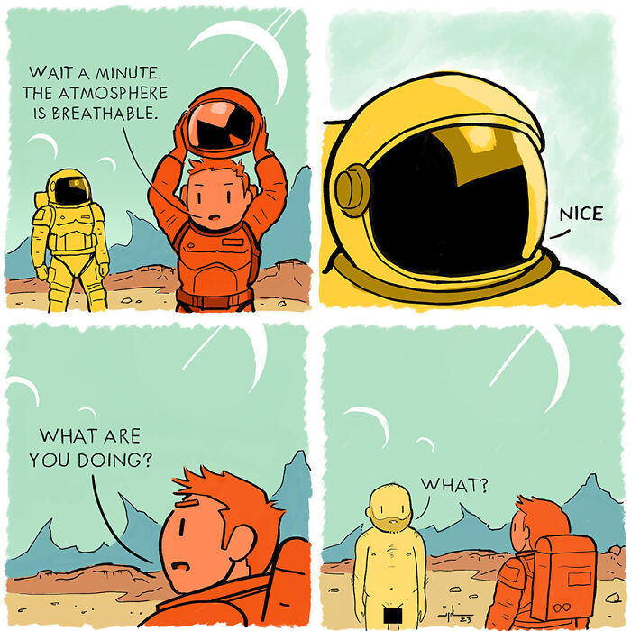 Comic by Yanni Davros shows astronauts discovering breathable atmosphere; one removes helmet, humorously revealing nudity.