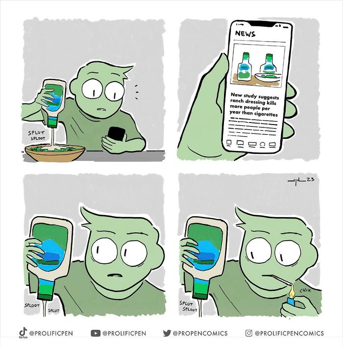 Comic by Yanni Davros humorously depicting a character reacting to ranch dressing news on their phone.