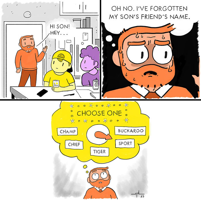 Comic by Yanni Davros humorously depicting a man forgetting his son's friend's name, thinking of nicknames.