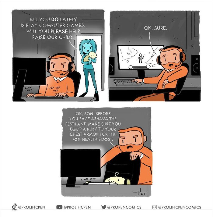Comic by Yanni Davros humorously depicting a gamer ignoring parenting duties and giving game advice instead.
