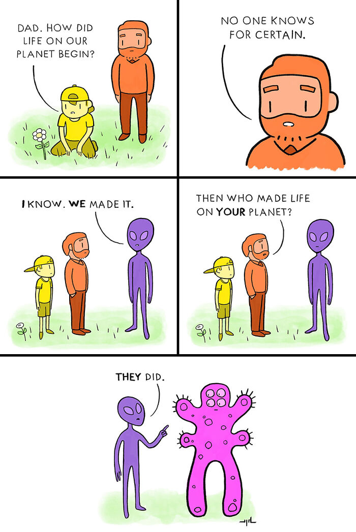 Comic by Yanni Davros humorously explores human behavior, featuring a conversation with aliens about the origin of life.