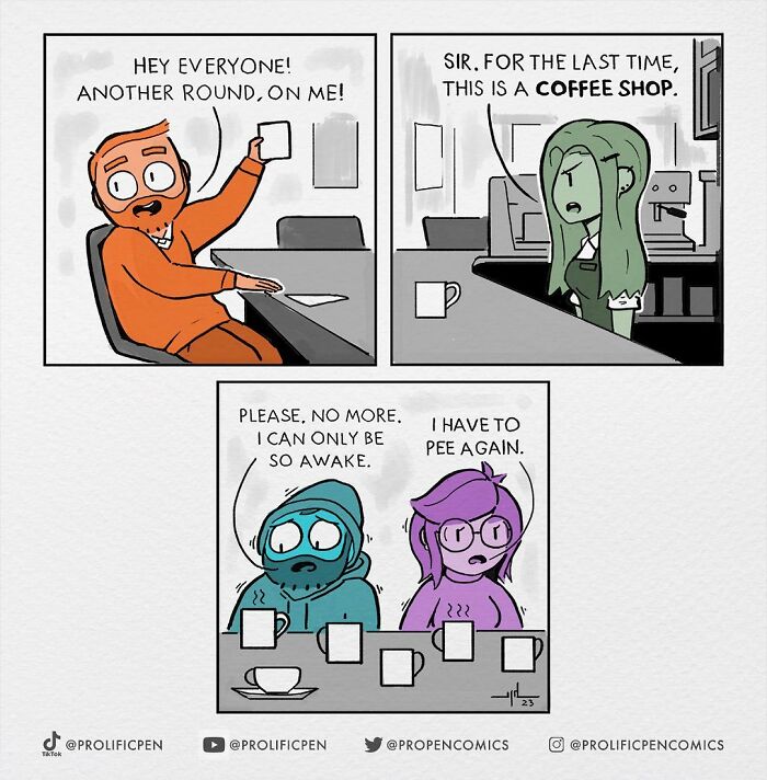 Comic strip by Yanni Davros illustrating funny human behavior in a coffee shop setting.