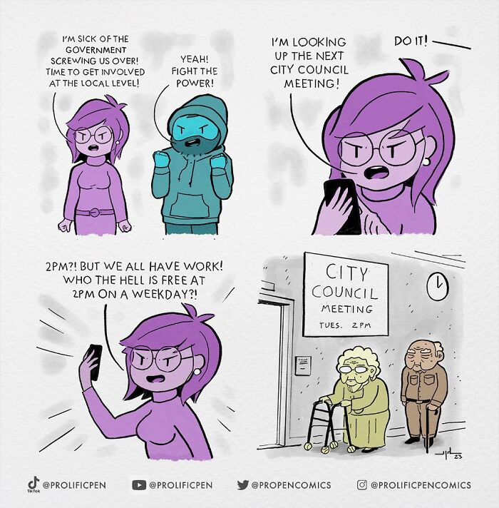 Comic by Yanni Davros humorously explores human behavior at inconvenient city council meetings.