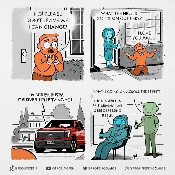 Comic by Yanni Davros shows a self-driving car repossessing itself humorously.