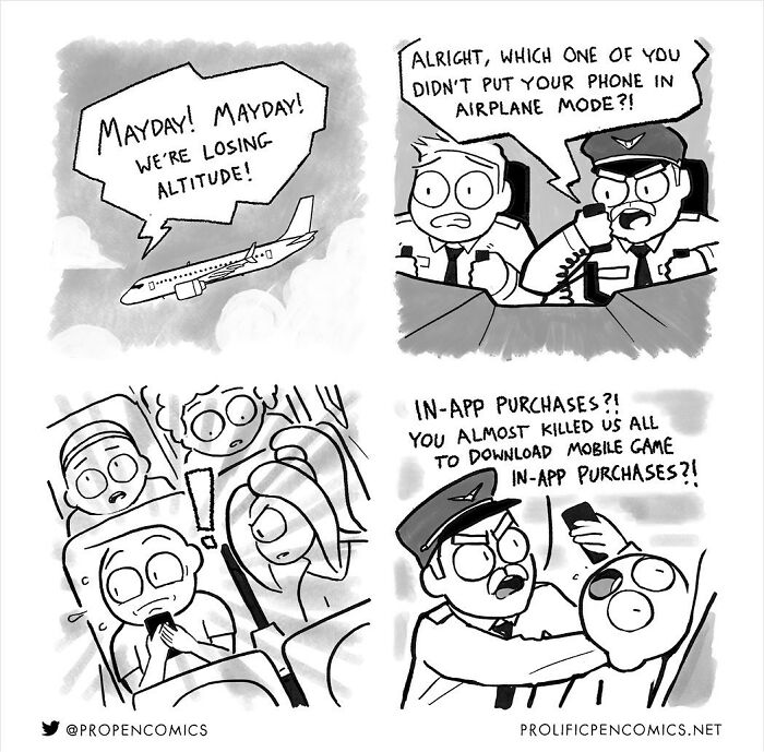 Comic by Yanni Davros depicting airplane passengers causing panic over in-app purchases instead of airplane mode.