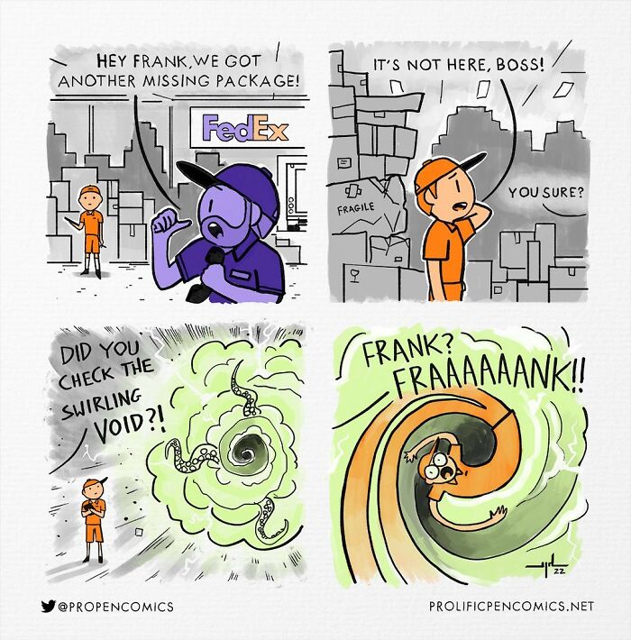 Comic by Yanni Davros shows funny human behavior with delivery workers and a swirling void mystery.