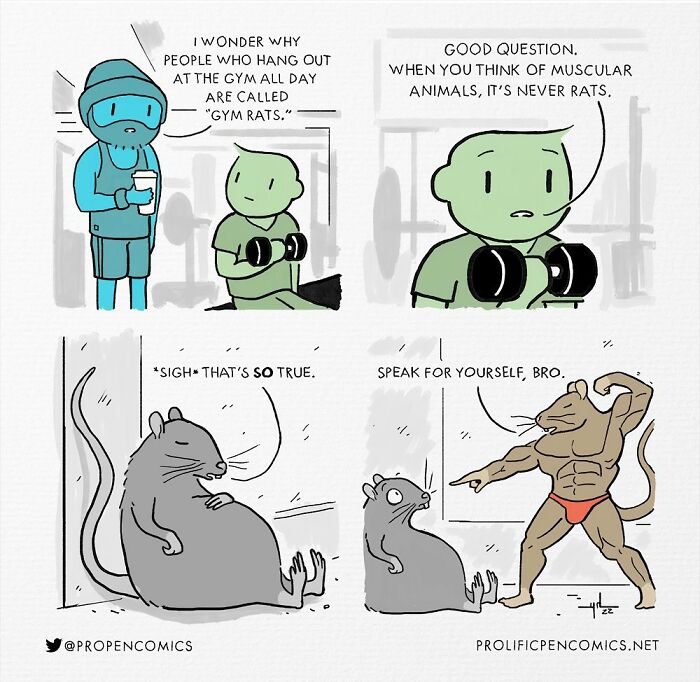 Funny human behavior comic by Yanni Davros depicts gym rats discussing muscular animals humorously.