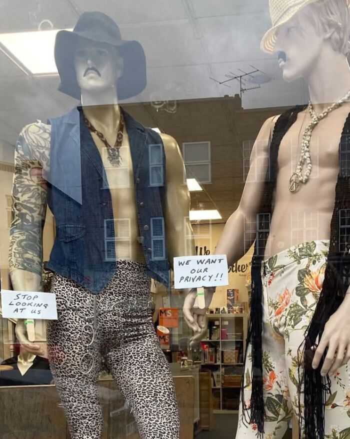 Mannequins in eccentric outfits with privacy signs, displayed in a secondhand shop window.