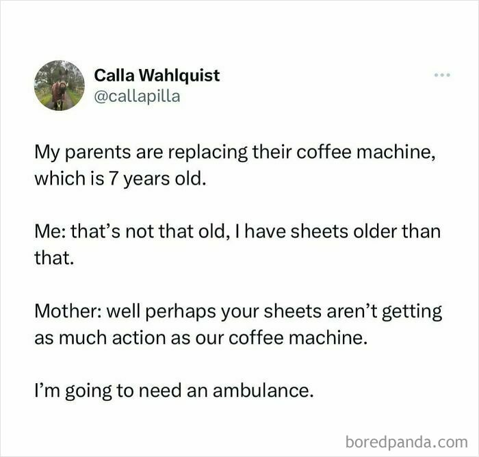 Funny and relatable meme about parents replacing a coffee machine, featuring witty banter and a humorous twist.