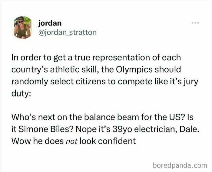 A relatable meme joking about random citizens competing in the Olympics, featuring a 39-year-old electrician on the balance beam.