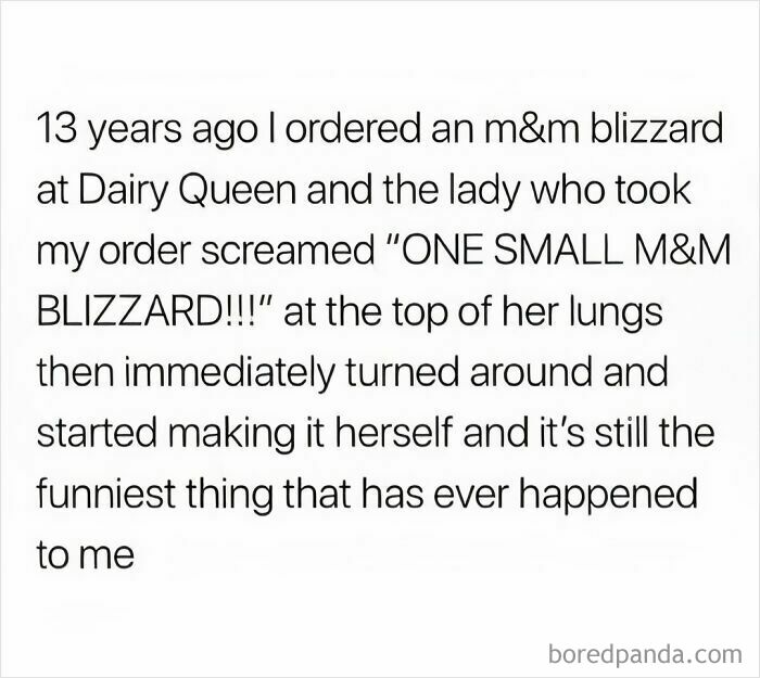 Text meme about ordering an M&M Blizzard from Dairy Queen; humorous incident about an employee's loud reaction.