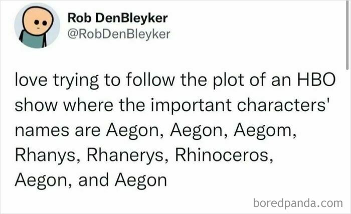 A humorous meme about the difficulty of following an HBO show's plot due to similar character names.