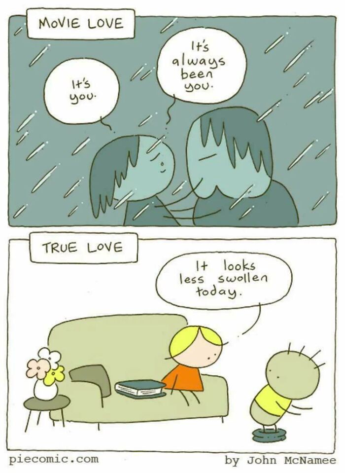 Comic contrasting "movie love" with romantic "true love" humor.
