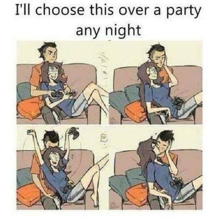 Couple enjoying video games on a couch, illustrating a meme about love over parties.