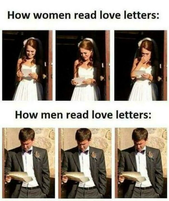 Bride and groom read love letters in a humorous love meme.