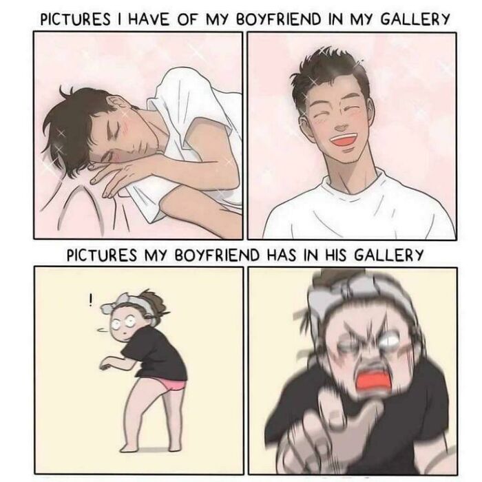 Love meme showing girlfriend's cute photos of boyfriend vs. his funny photos of her in a gallery.