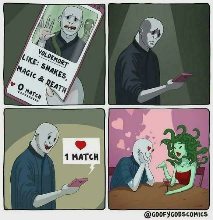 Comic of a villain on a dating app, first getting zero matches, then happily finding one match, embodying love memes.