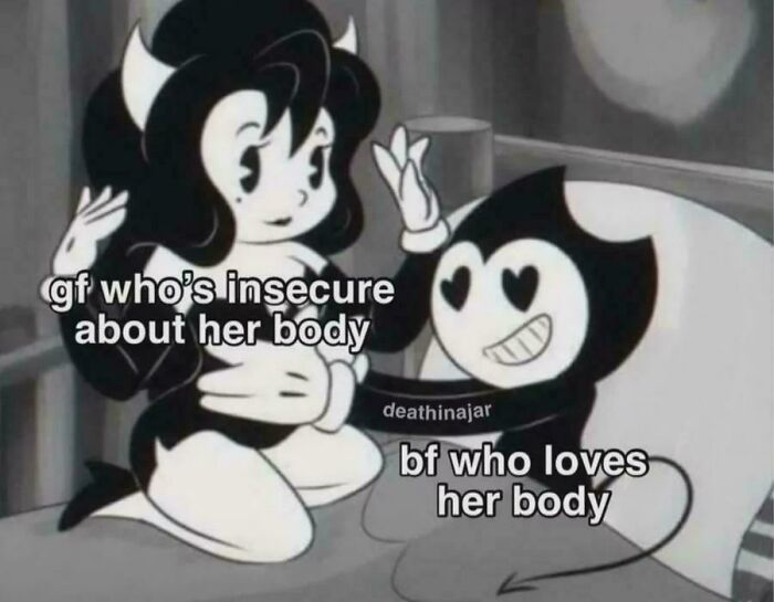 Cartoon couple with body positivity message, illustrating a theme of love and support in relationships.