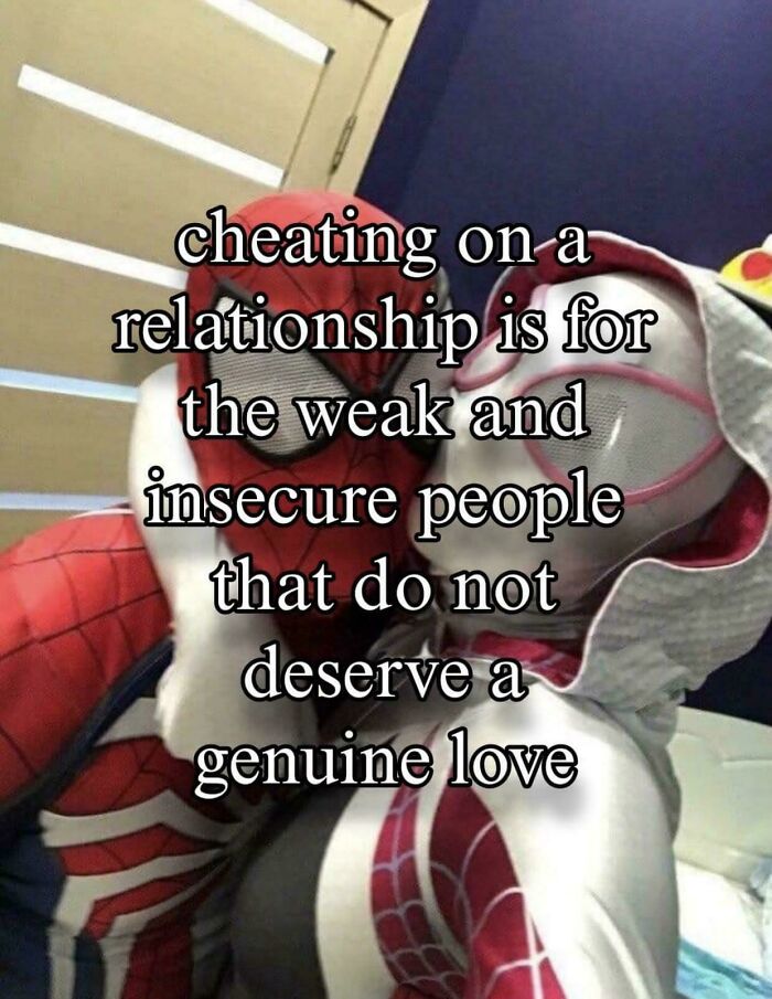 Two people in Spider-Man costumes with a meme text about genuine love and relationships.
