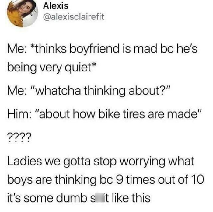 Funny love meme about wondering what a boyfriend is thinking while quiet.