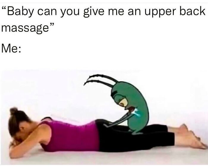 Cartoon character humorously gives woman a back massage. Love memes.