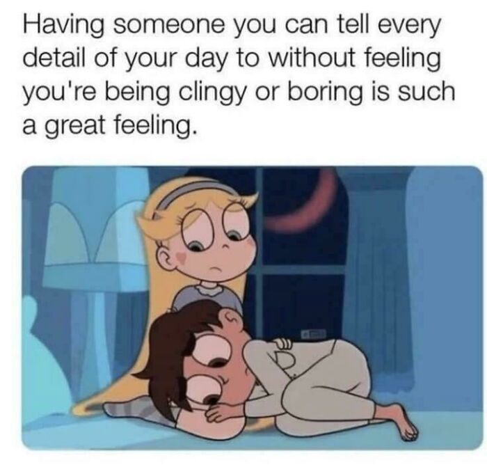 Two cartoon characters snuggle, reflecting love and companionship, with a comforting quote about sharing feelings openly.