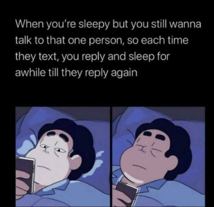 Cartoon character in bed texting and waiting for a reply, showcasing a love meme scenario.