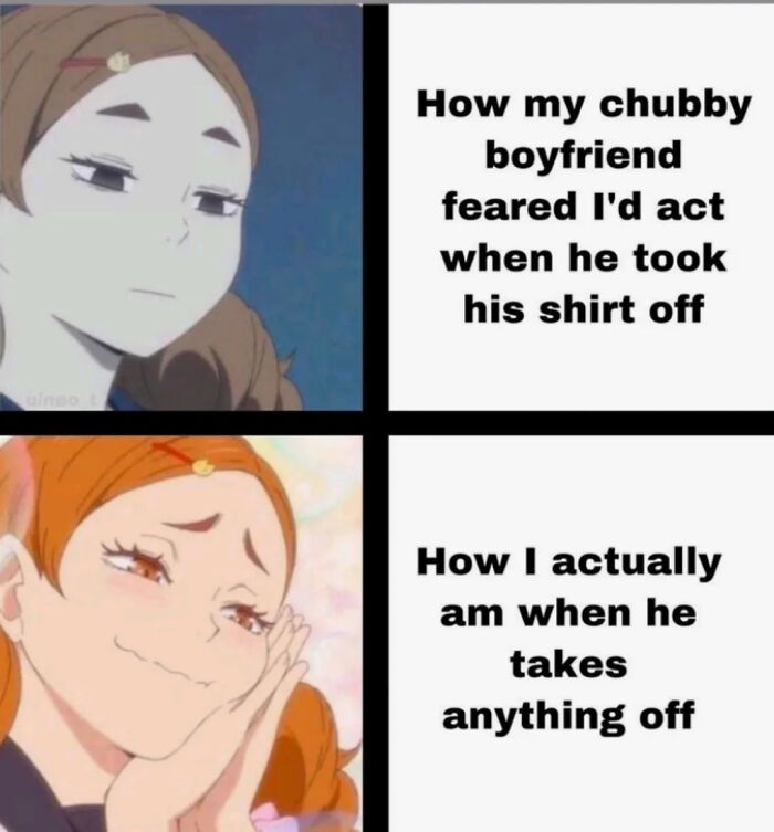 Anime meme expressing love expectations and reality with humorous captions.