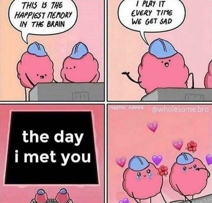 Cute love meme with cartoon brains recalling happy memory, surrounded by hearts.