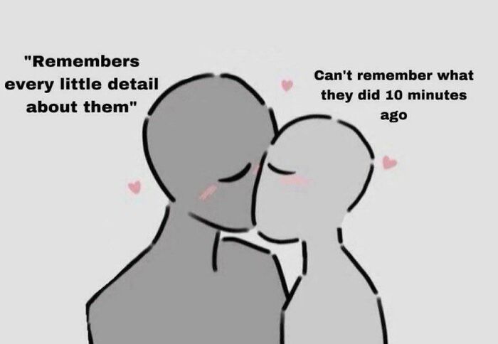 Two cartoon figures in love, with one remembering details and the other forgetful.