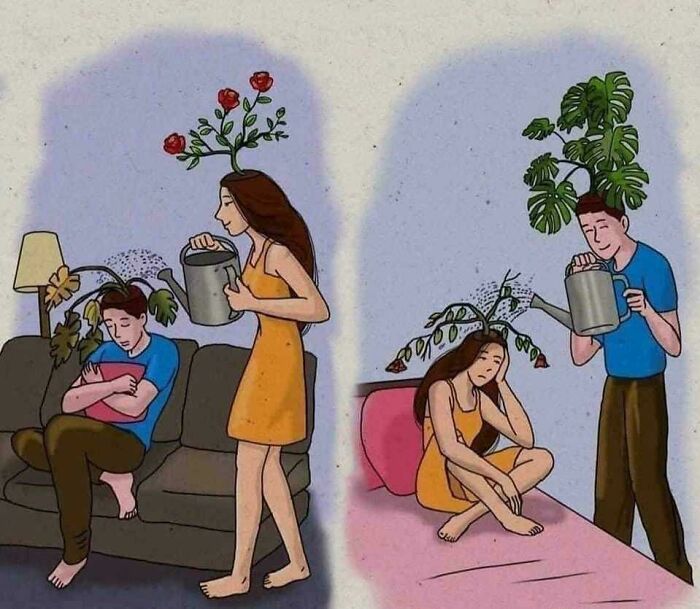 Illustration of love memes: a woman and man watering each other's head plants, symbolizing mutual care in a relationship.