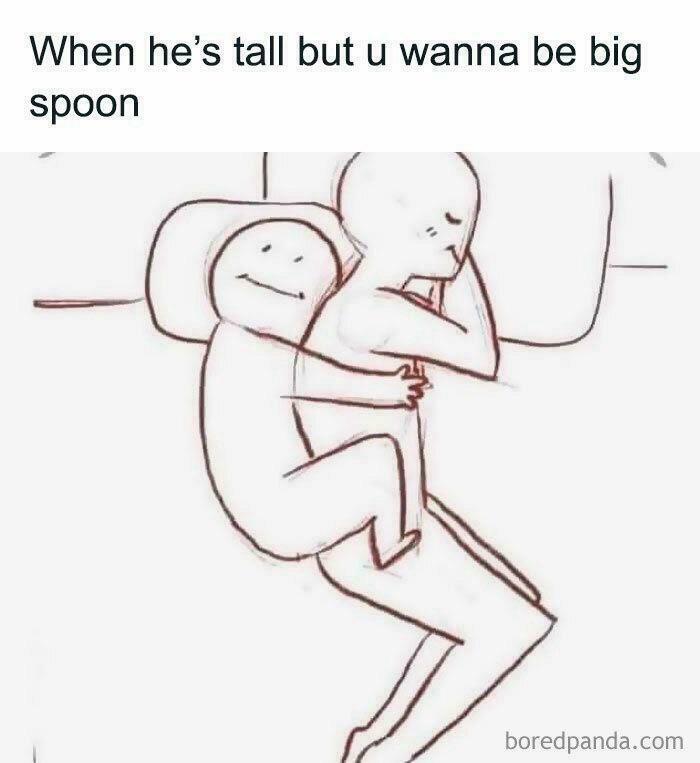 Illustration of a small figure hugging a taller partner while lying in bed, illustrating a humorous love meme.