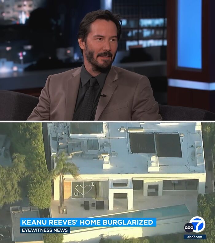 Keanu Reeves in a talk show setting and aerial view of his home after a celebrity home break-in report.