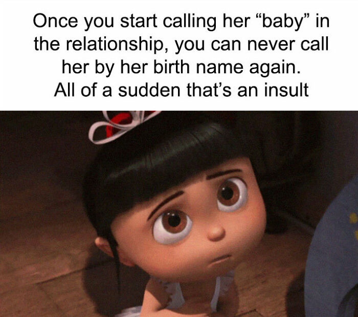 A cute animated girl with big eyes humorously illustrates a love meme about calling her "baby" in a relationship.