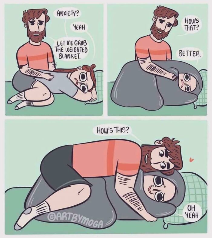 Cartoon couple with a weighted blanket moment, expressing love and support by cuddling together.