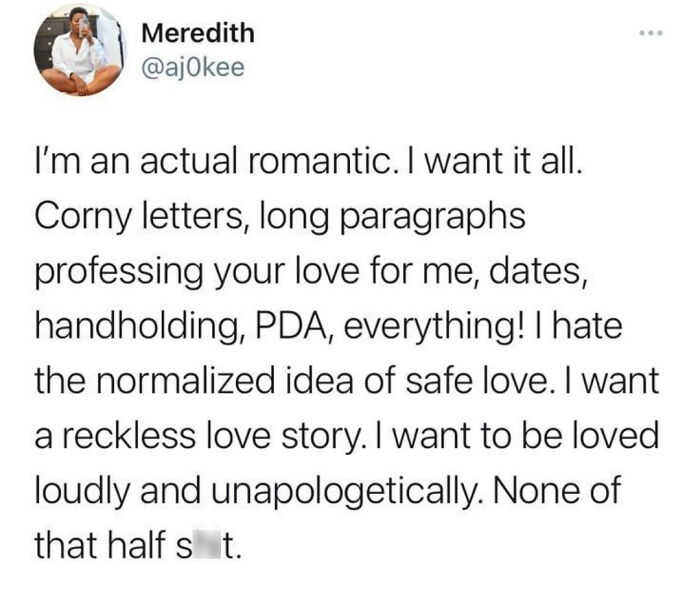 Text post expressing desires for passionate romance, emphasizing love beyond conventional norms.