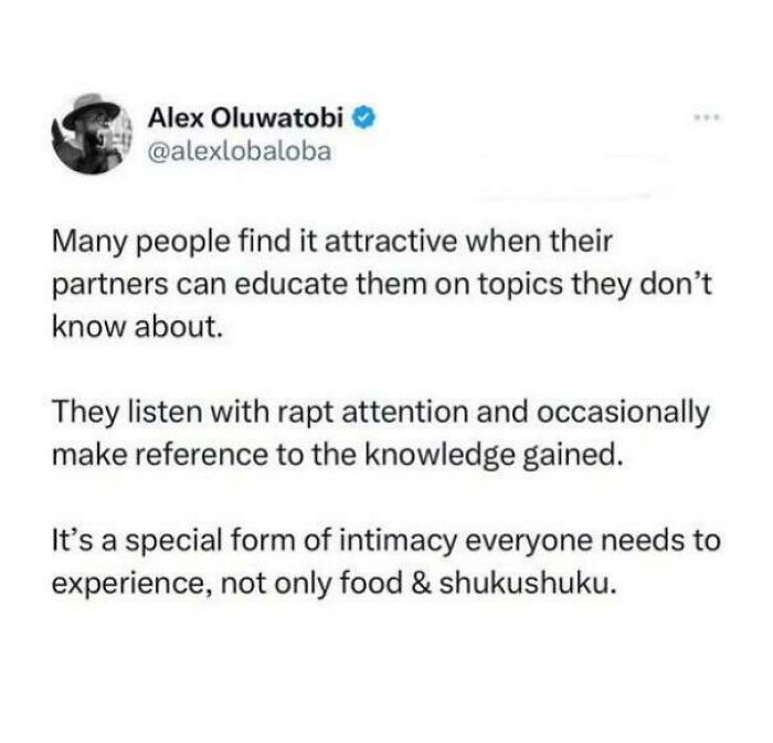 Text from a tweet about love, discussing the appeal of learning from a partner for deeper intimacy.